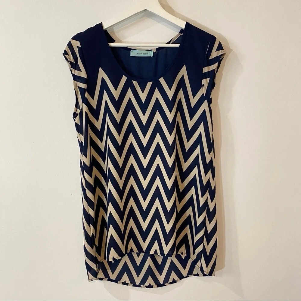 Chris & Carol L Chevron Print Navy and Cream Sleeveless Blouse